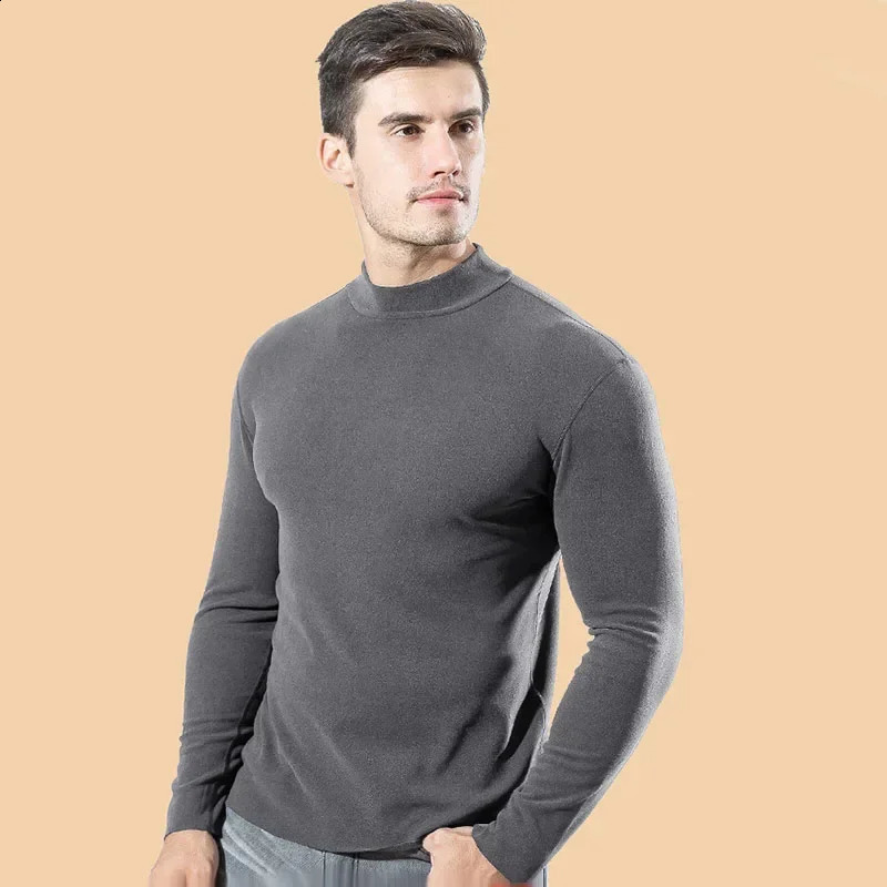 Mens Tshirt long sleeved autumn and winter warm solid color bottom shirt half neck mens casual top 240828