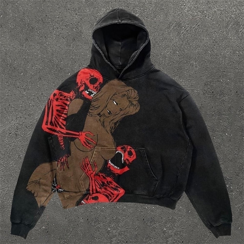 Harajuku skull print hoodie 2000s american streetwear oversized y2k top casual hoodies sweatshirt vintage tracksuit men clothing 240827