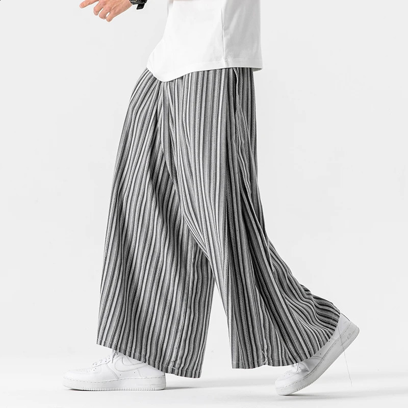 Striped wide leg pants mens Japanese style cotton linen retro fashion loose casual Nepalese robe Haori jogger Trouser 240827