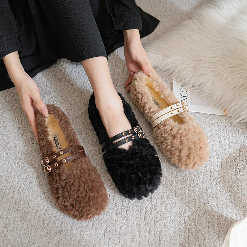 Wool fur winter shoes womens shoes slippers double river belts fur macasin 240827