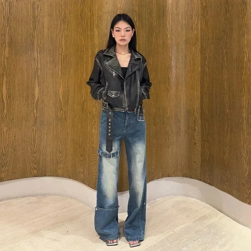 Womens streetwear vintage leather jacket retro bicycle jacket spring style womens fashion ultra-thin zipper short top gothic clothing jacket 240827