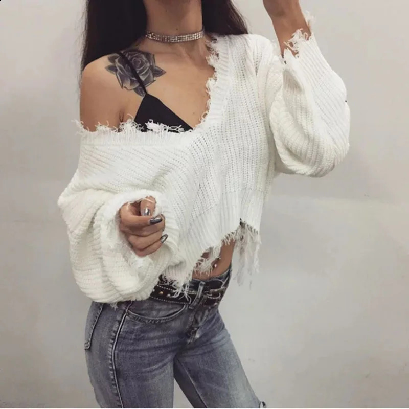 Distressed Women Sweater Autumn Winter Baggy Pullovers Off Shoulder Cropped Sweatshirt Bottom Tassel Fashion Plain Color Sweater 240828
