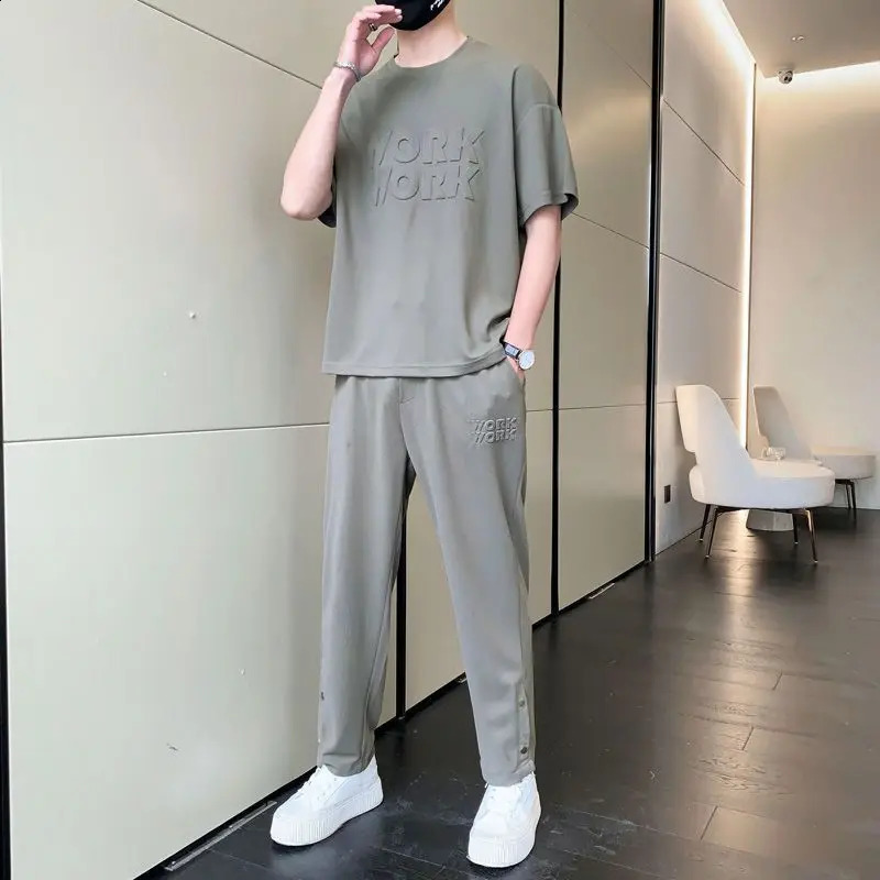 Grey T-shirt Mens Outdoor Pants Set No Mens Clothing Alphabet Top Regular Set Short Sleeve Quarter Sleeve Sportswear 240827
