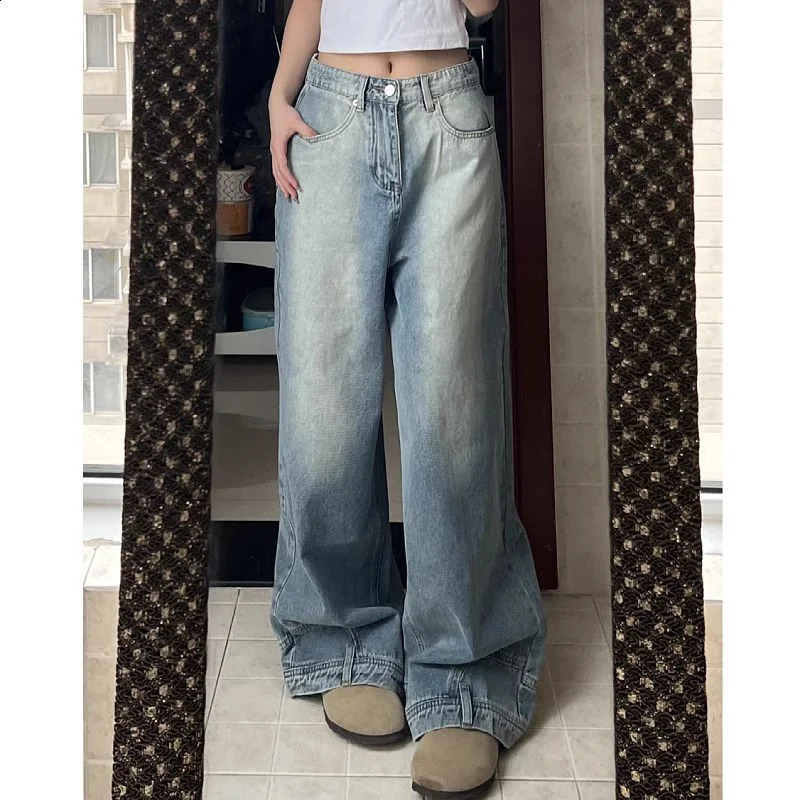 High Street Straight American Retro Washed Reverse Wear Design Jeans Mens and Womens Loose Casual Pants y2k 240827