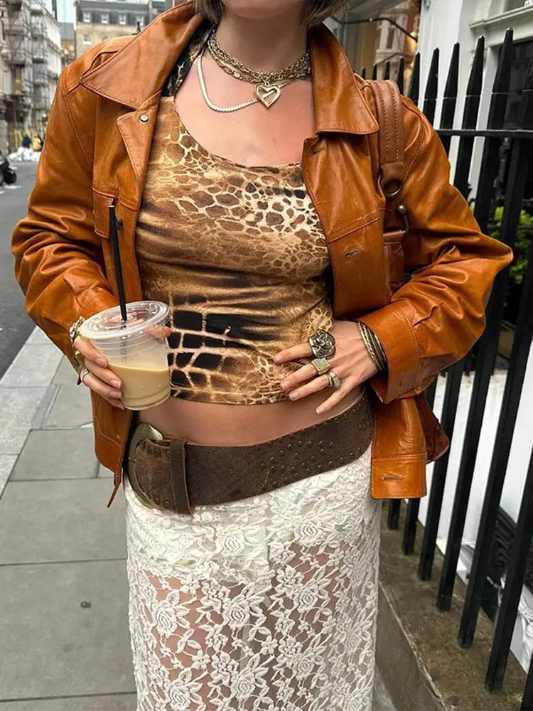 Womens Fashion Solid Chest Leather Jacket Fashion Collar Long Sleeve Coat Autumn Ins Fashion Womens Street Coat 240827