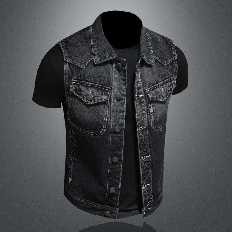 highend heavyduty motorcycle retro fashionable handsome guy with trend black gradient mens denim vest sleeveless S6XL 240827