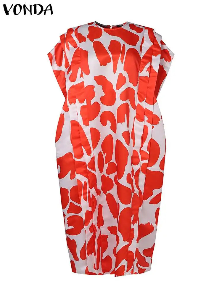VODA Plus size womens summer long dress printed pleated casual short sleeved loose oversized party 240828