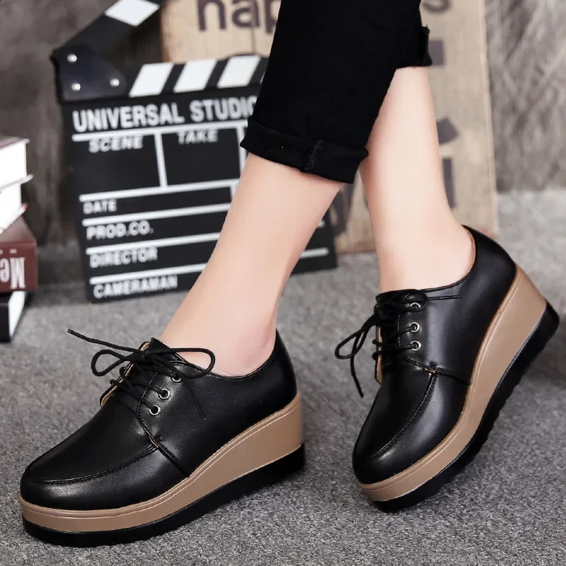 Womens Oxford Shoes Flat Platform Casual Shoes Frenum Leather Shoes Sewing Round Toes Zapatos MUJI 240827