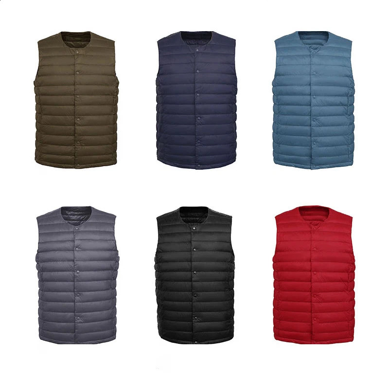 Mens sleeveless Vneck vest for winter warmth 90% duck down lining jacket mens Oneck 240827
