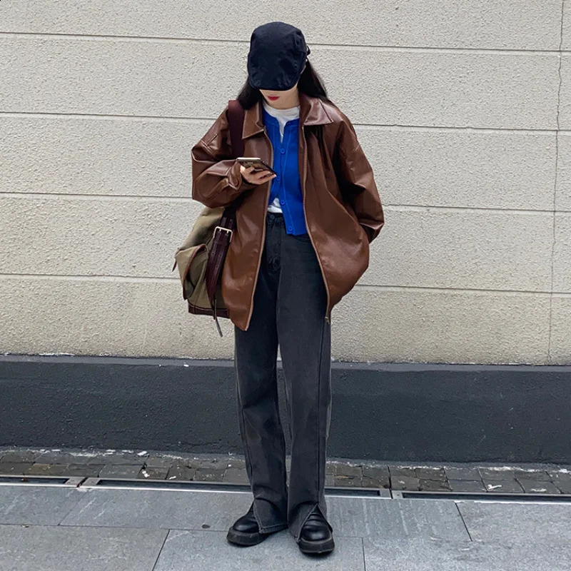 Womens BF style unisex PU fashionable bag fashionable jacket for couples autumn full matching solid retro casual minimalism Ulzzang 240827
