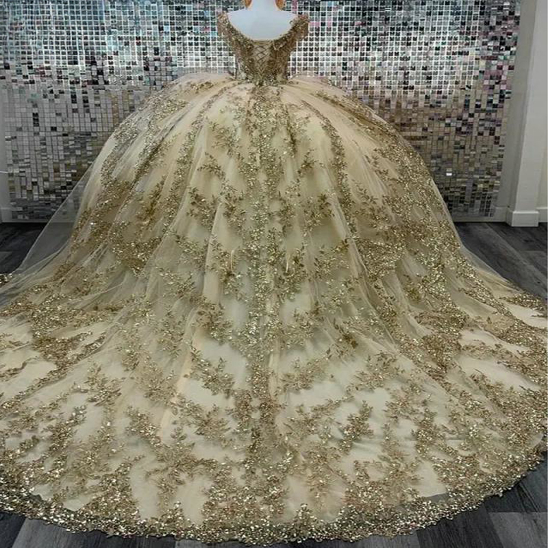 Champagne Off The Shoulder Beading Tassel Quinceanera Dresses Ball Gown Sequined Appliques Lace Sweet 15 Birthday