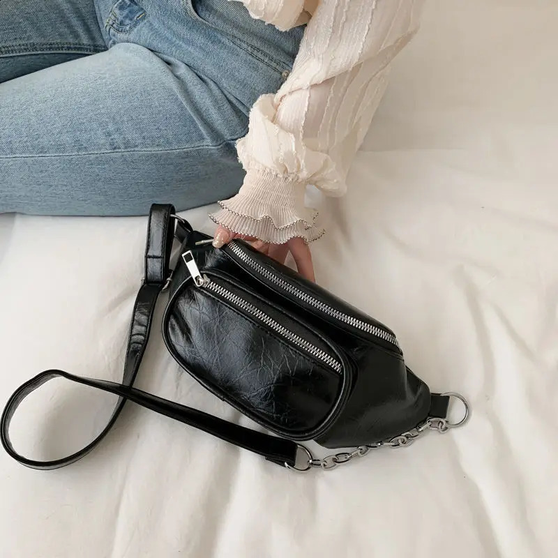 Crossten Waist Bag Fashion Leather Belt Chest Bag Chain Fanny Packs Women Black Solid Double Zipper Banana BumBag Phone Pouch 240828