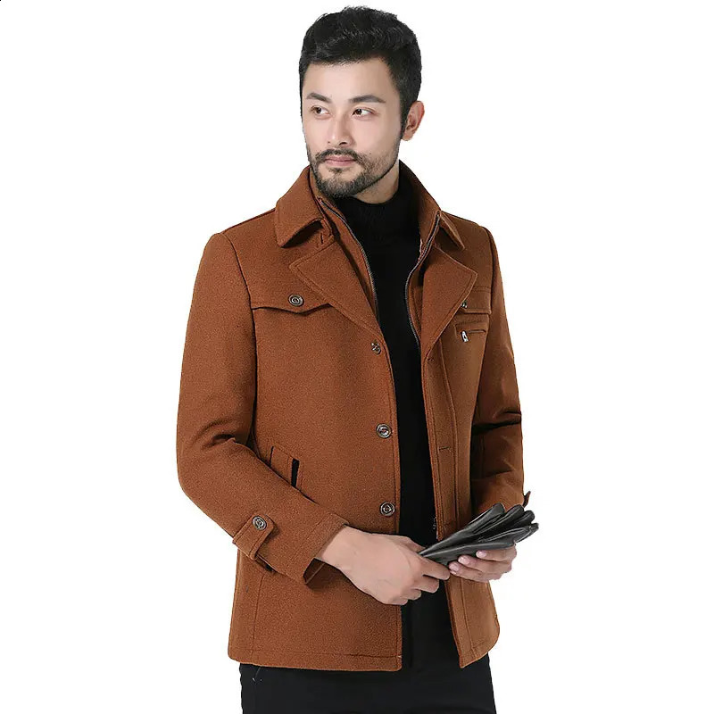 Autumn and Winter Black Thick Casual Mens Medium to Long Double Collar Wool Coat 240827