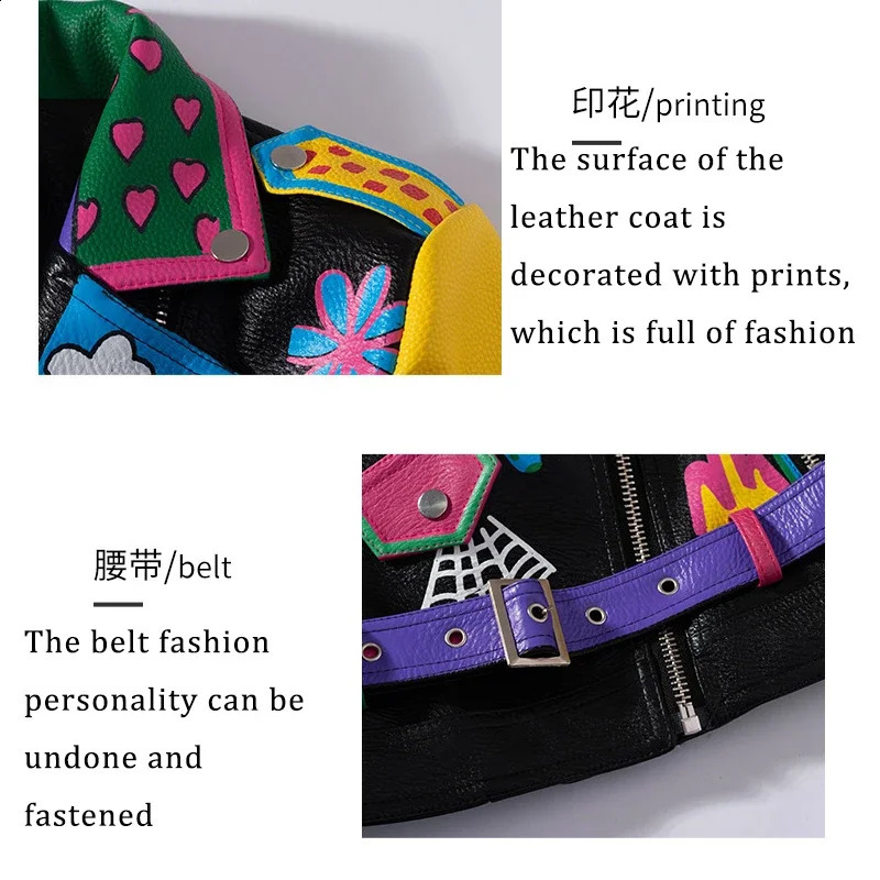 Leather Womens Short Graffiti Printed Small Coat Pu Jacket Korean Motorcycle Set Collar Leather 240827