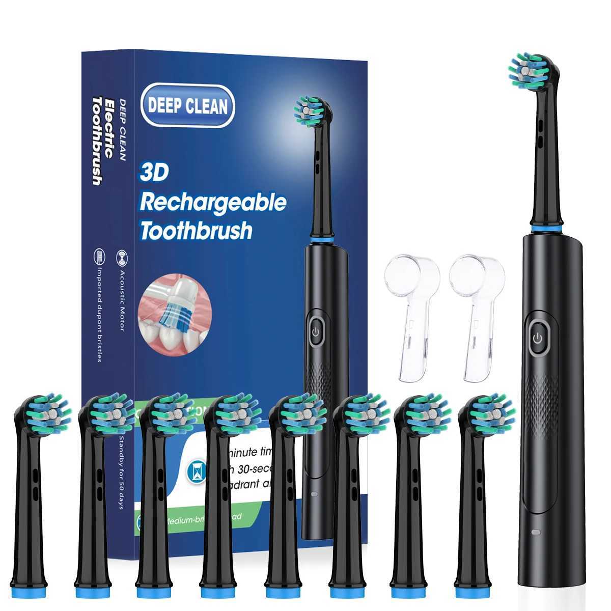 Rotating Electric Toothbrush With 3 Modes 2 Min Smart Timer 8 Heads 2 Caps Rechargeable USB Oral Care Y240827