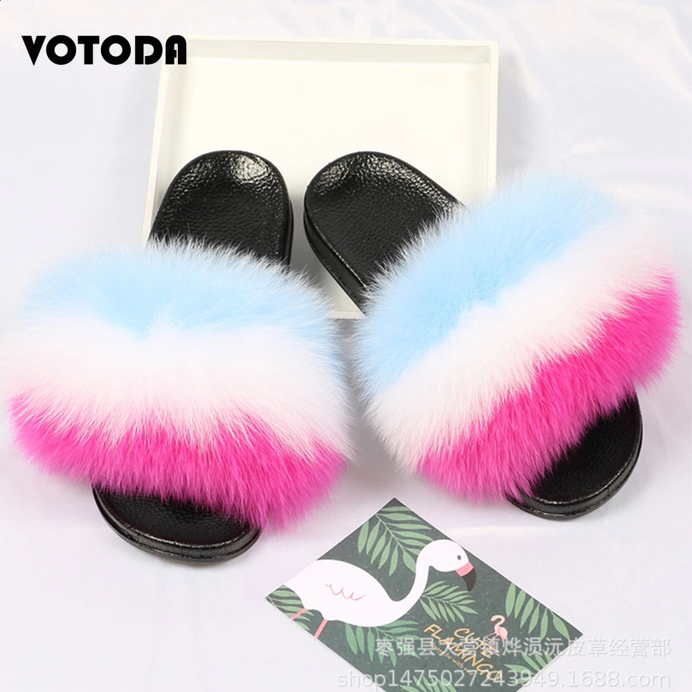 Fur slider womens real fox fur slider indoor flat flip casual Raccon fur sandals plush shoes cute fluffy shoes 240827