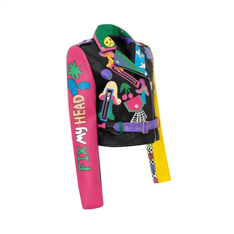 Leather Womens Short Graffiti Printed Small Coat Pu Jacket Korean Motorcycle Set Collar Leather 240827