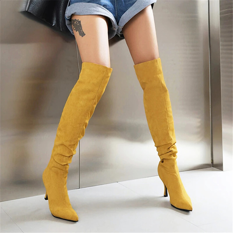 Super High Thin Heels Suede Upper Women Casual Soft Sole Thigh Boot Retro Style Solid Color Pointed Toe Slip On Slow Boot 240827