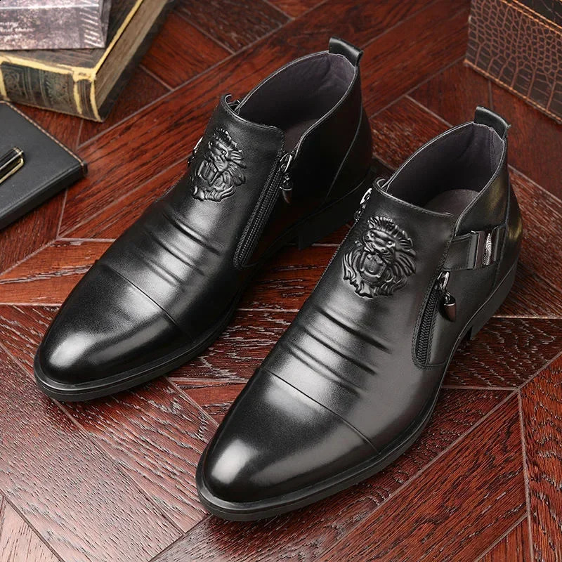 High Top Men Shoes Autumn Mens Casual Leather Shoes Double Sided Zippered Boots Man Ankle Boots Pointed Toe Low 1cm-3cm 240819