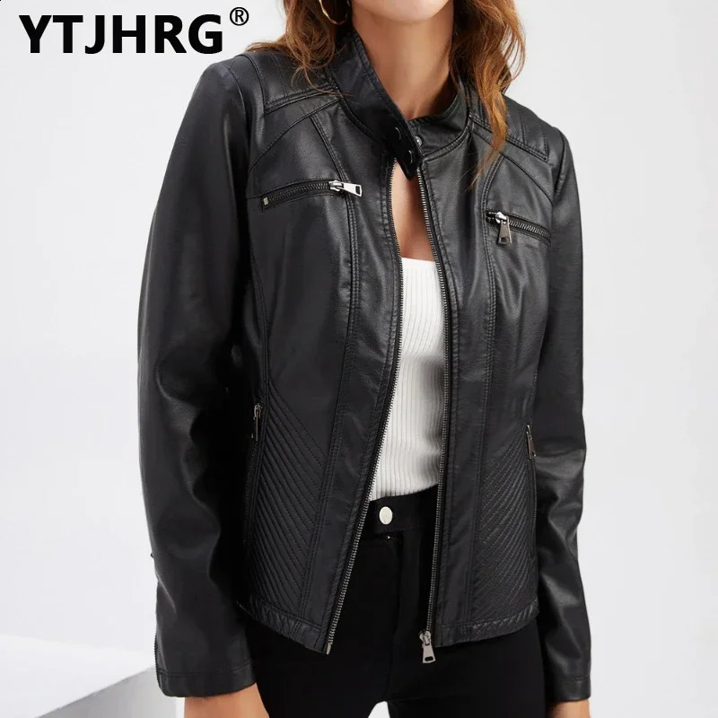 YTJHRG Womens Leather Jacket and Womens Clothing Coat Autumn/Winter Womens Long Sleeve Motorcycle Top Zipper 240827