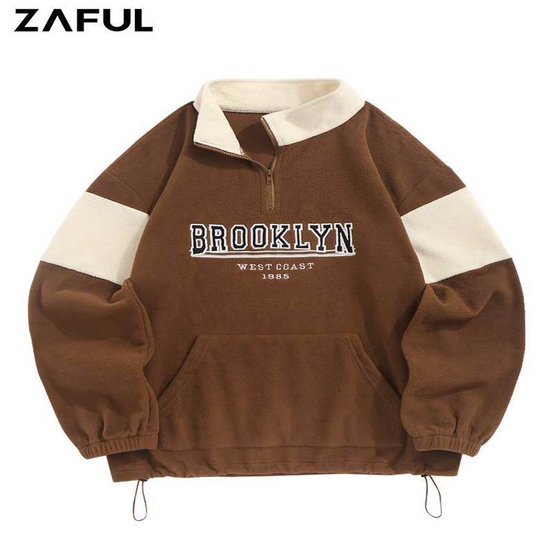 Color Lock Turtle Neck Mens Sweatshirt with Embroidered Polar Wool Lined Quarter Zipper Pull Up Z5073222 240827