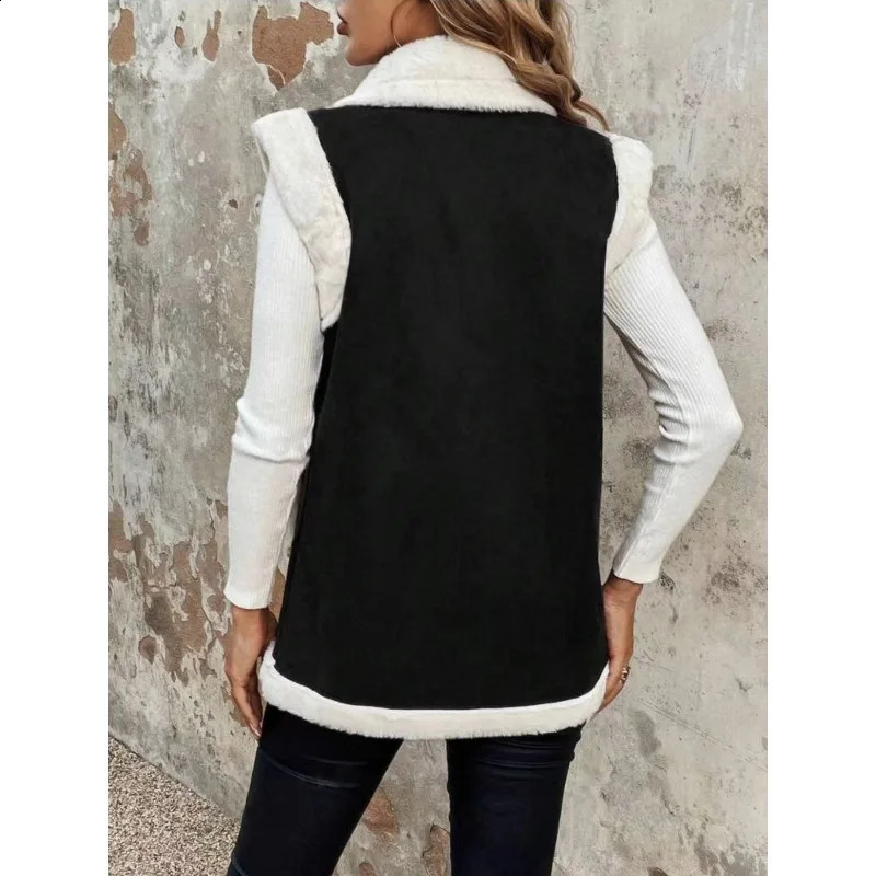 Fashionable womens casual wool spliced vest fashionable style loose neckline medium length vest sleeveless jacket 240828