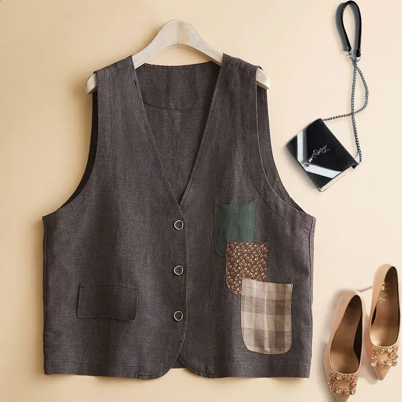 Summer womens cotton linen three pocket vest 240828