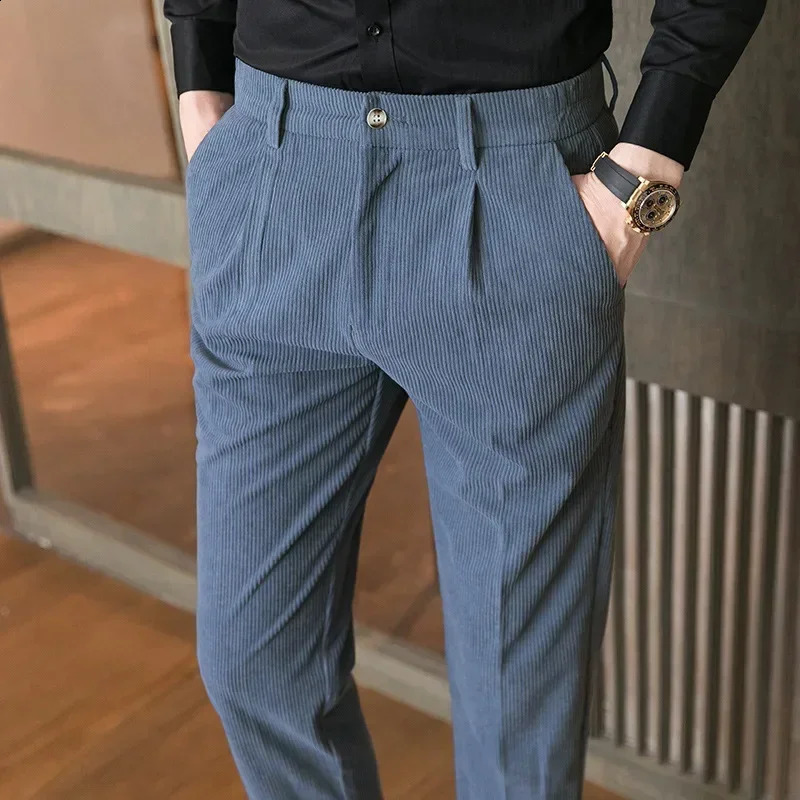British Style Men High Waist Casual Dress Pant Belt n Slim Trousers Formal Office Social Wedding Party Suit Pants 240827