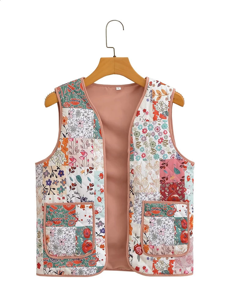 YENKYE Ethnic Womens Patch Work Flower Printed Quilted Tank Top Sleeveless Coat V-neck Pocket Womens Retro Waist Coat 240828