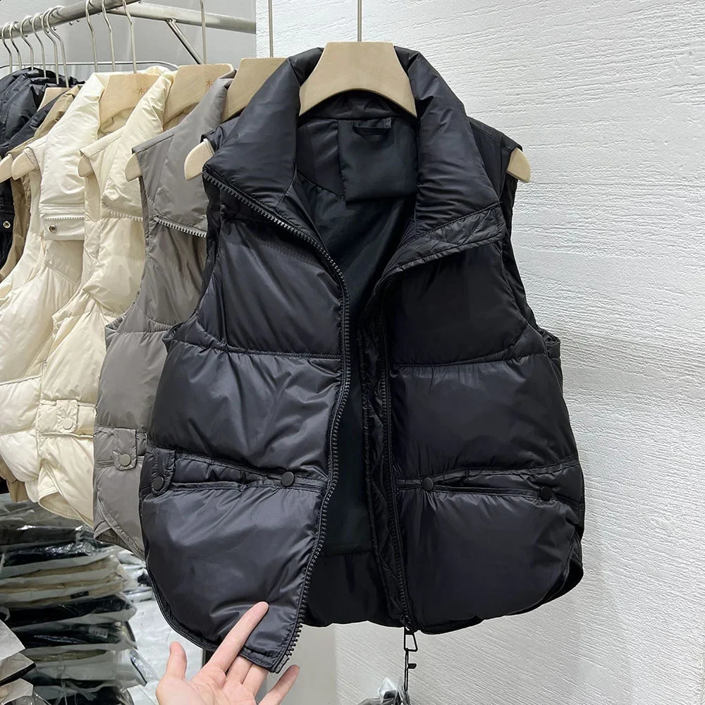 Autumn and winter womens vest jacket ultra light standing collar beige sleeves cotton coat Parka womens warm vest E3 240828