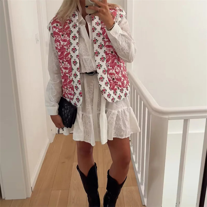 Lamuusaa Quilted Vest Womens Y2K Clothing Flower Printed Sleeveless Open Front Jacket Autumn/Winter Vest 240828