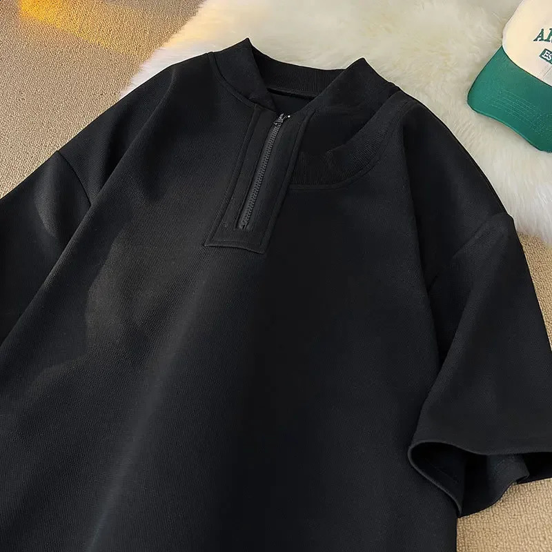 Fashionable highend Feel polo shirt half zipper retro summer casual sports short sleeved mens style 240828