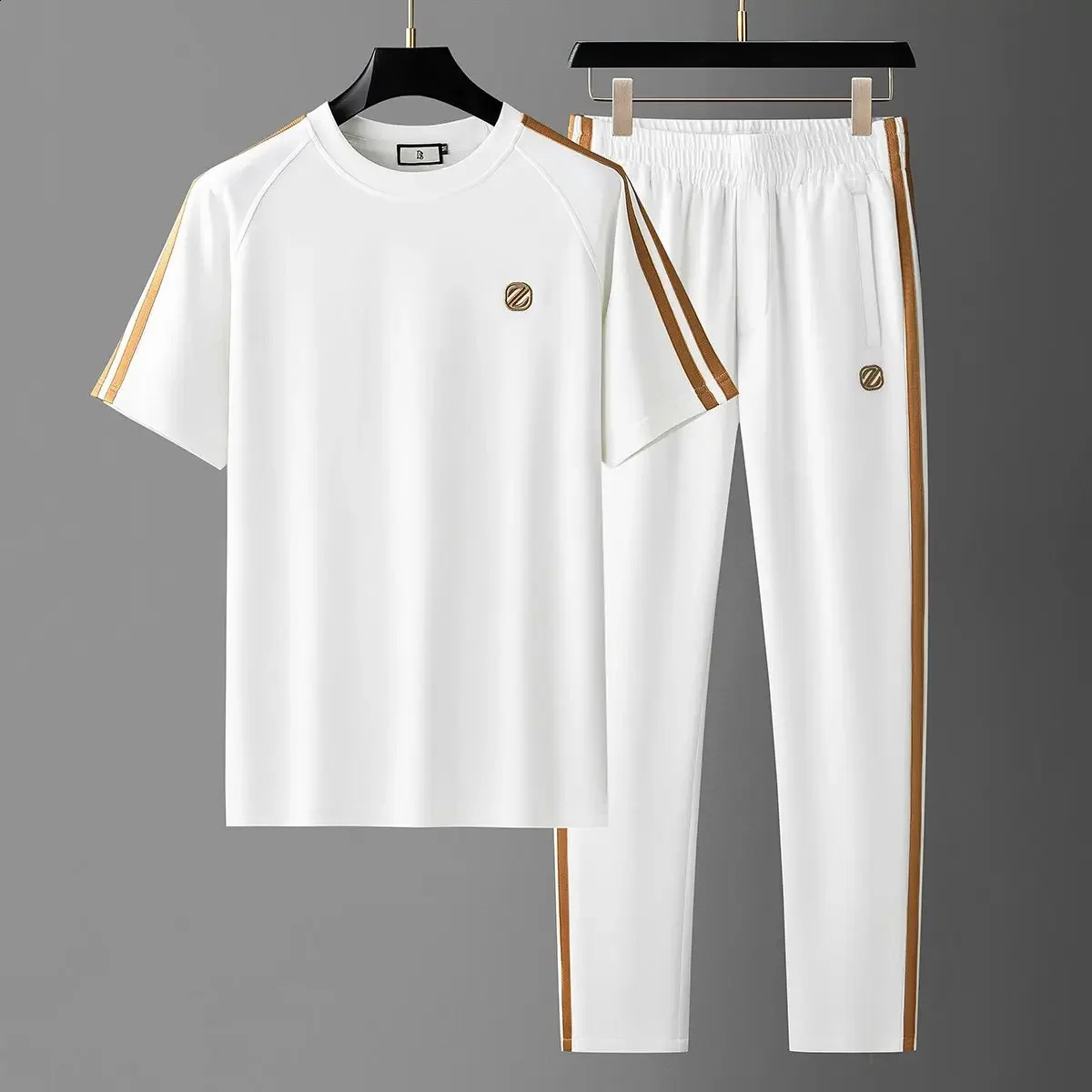 summer mens clothing silk short sleeved casual sportswear high-end embroidered ribbon mens clothing two-piece set 240827