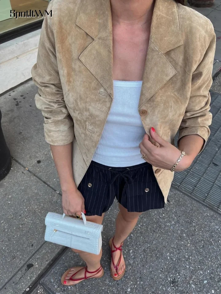 Flip collar single chest crop jacket for women fashionable suede leather long sleeved ultra-thin jacket autumn womens business street jacket 240827