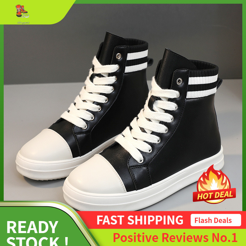 Ddmysports QRB New Lacquer Leather Classic Casual Spring And Autumn Stripes Breathable Versatile Women S Elevated Sole Igh Top Shoes OUTDOOR