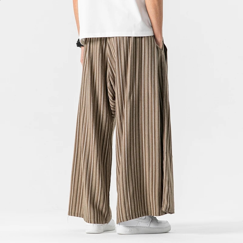 Striped wide leg pants mens Japanese style cotton linen retro fashion loose casual Nepalese robe Haori jogger Trouser 240827