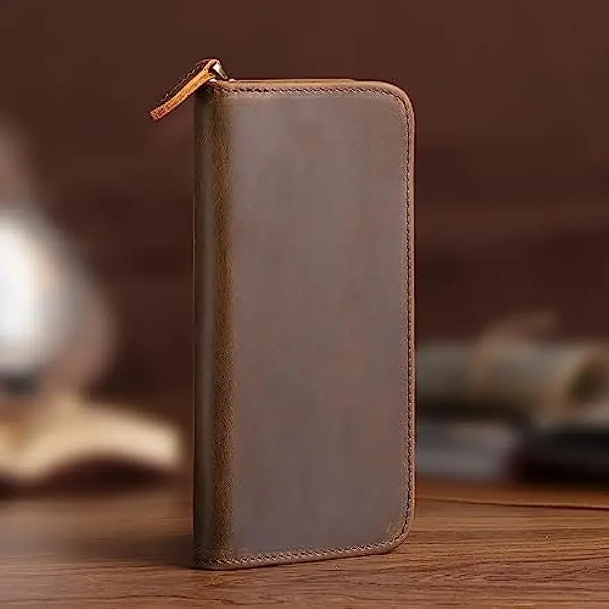 Asvine Vintage Real Leather Fountain Pen Case 3 Divided Slot Zippered Pen Pouch Rollerball Pen Handmade Display Stand 240827