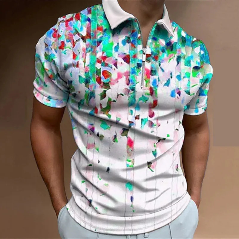 European and American mens zipper polo shirt lapel short sleeved fashionable casual 3D printed Tshirt 240828