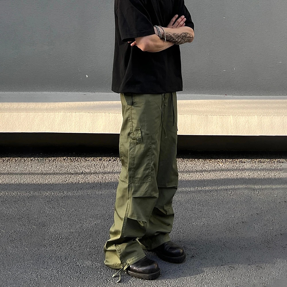 Army Green Cargo Pants Mens Summer Bag Multi Pocket Loose Casual Fashion Y2k Autumn Straight Leg Street Clothing Wide Trousers 240827