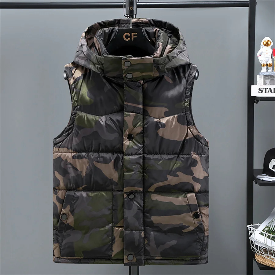 Mens Winter Tank Top Warm Thick Sleeveless Jacket with Camouflage Hooded Belt Work Clothes 240827