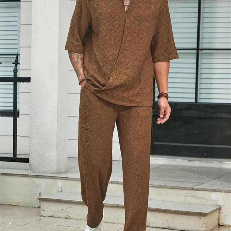 Autumn mens tracksuit set Trouser set 2-piece solid one-third sleeve shirt pants casual street trend mens clothing 240827