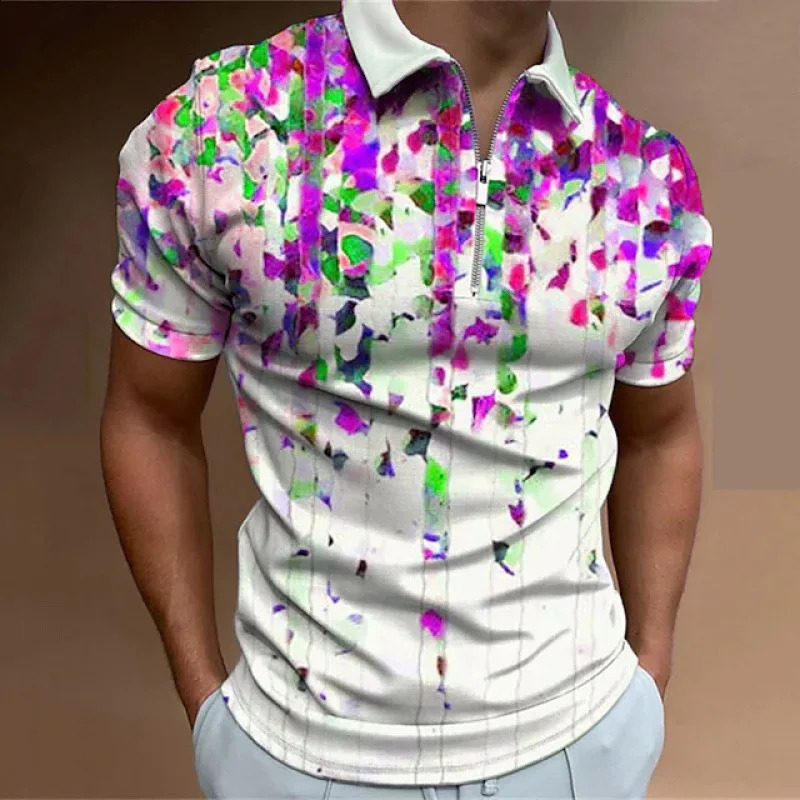 European and American mens zipper polo shirt lapel short sleeved fashionable casual 3D printed Tshirt 240828