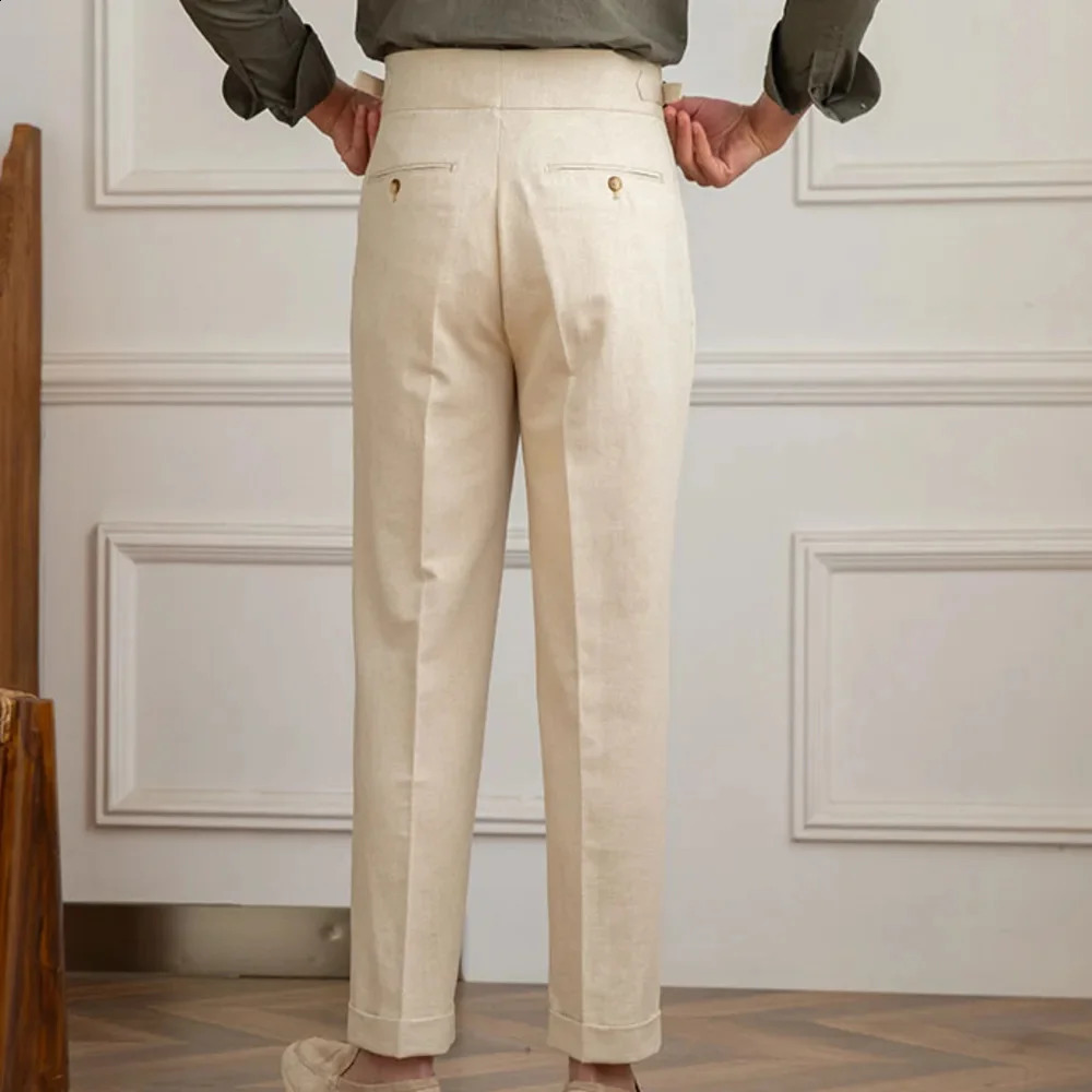 Linen cotton high waisted straight casual pants mens retro Naples gentleman pleated high-quality Italian dress Trouser 240828