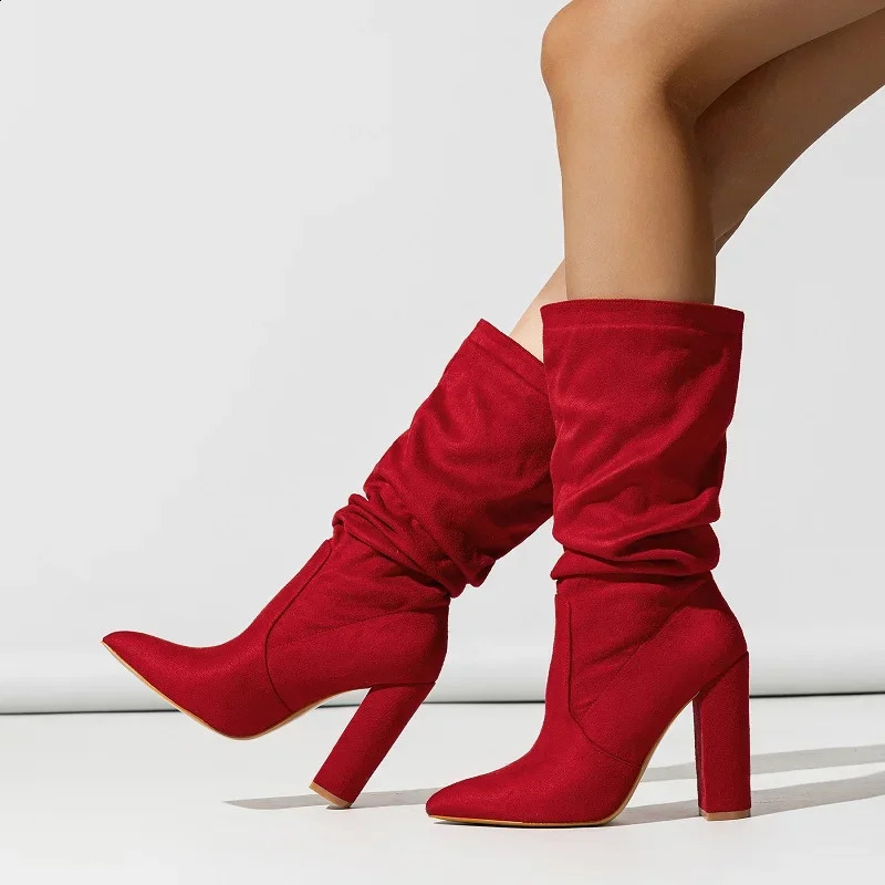 Eilyken Autumn Wrinkled Ankle Boots Womens Pointed Toe Square High Heels Fashion Modern Short Boots Botas Para Mujer 240827