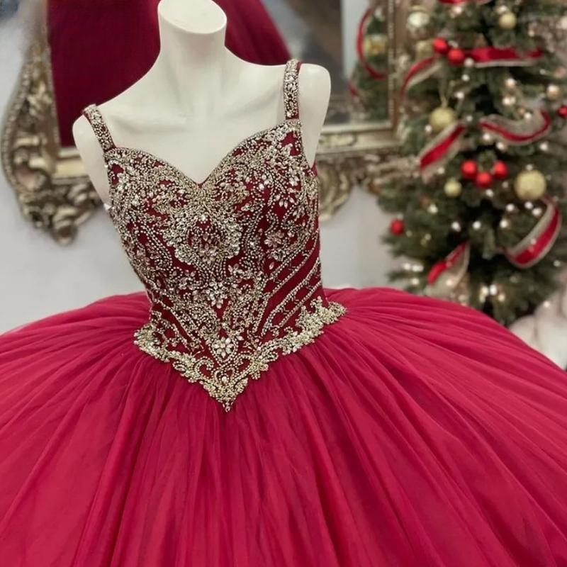 Red Princess Quinceanera Dresses 2024 Gold Appliques Lace Beads Tull Lace-Up corset Spaghetti Straps Vestidos De 15 Anos Sweet 16 Dress
