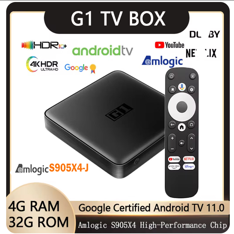 G1 Android11 TV Box with Gogle-Certified Amlogic S905X4-J Smart TV Box 4G 32G 2.4G/5G WIFI6 Media Player BT voice remote AV1 4K