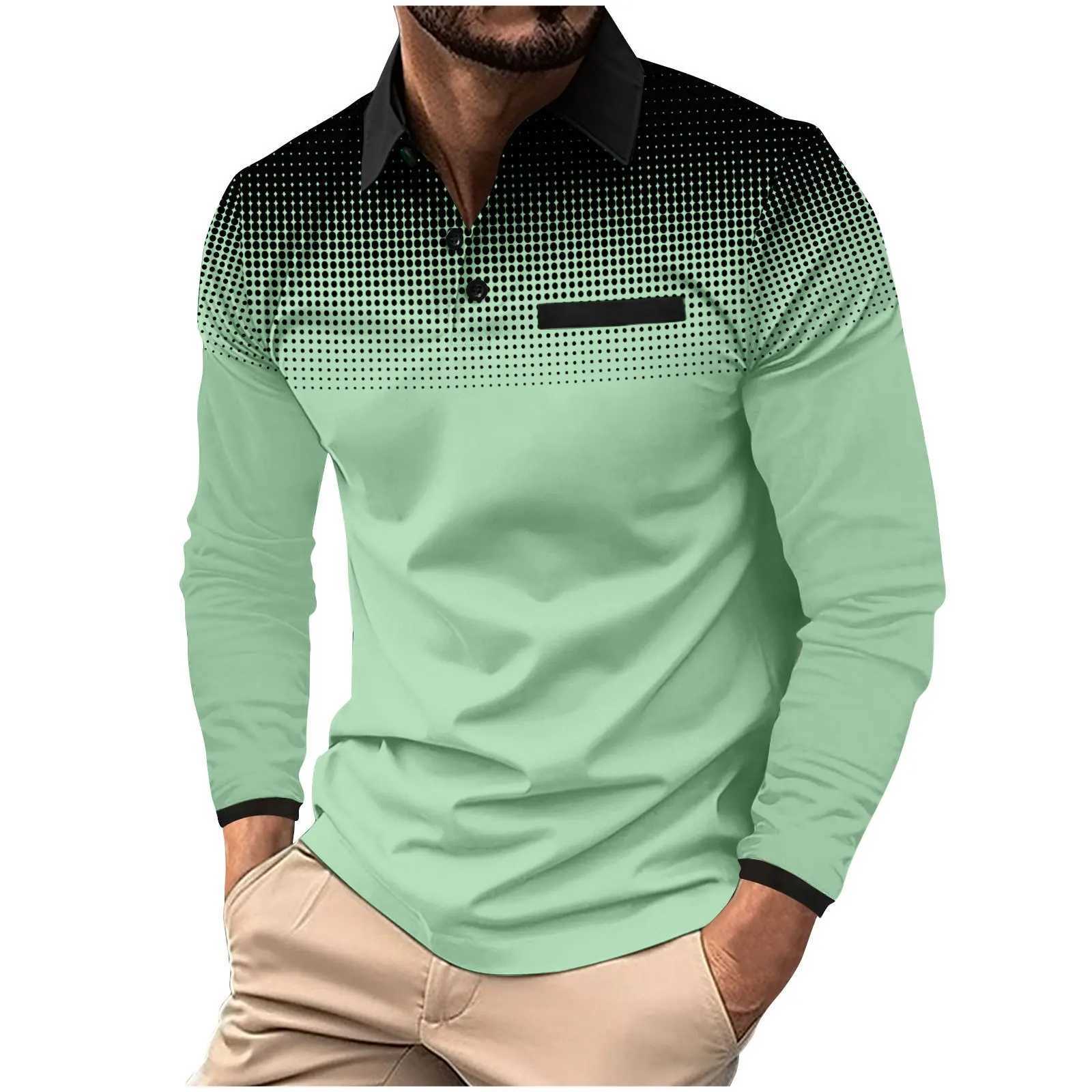 New spring/summer mens casual gradient color digital printing polka dot lapel button sport long Sve top W241106