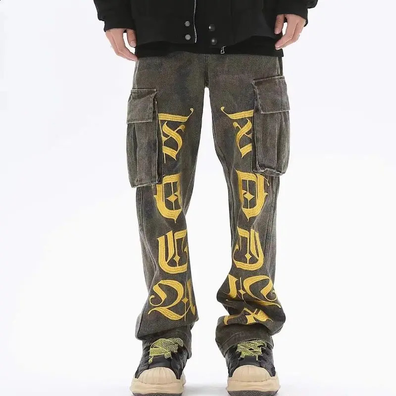 American Camouflage Multi Pocket Work Jeans Mens Trendy Automatic Loose Fashion Retro Straight Through Trendy High Street Pants 240829