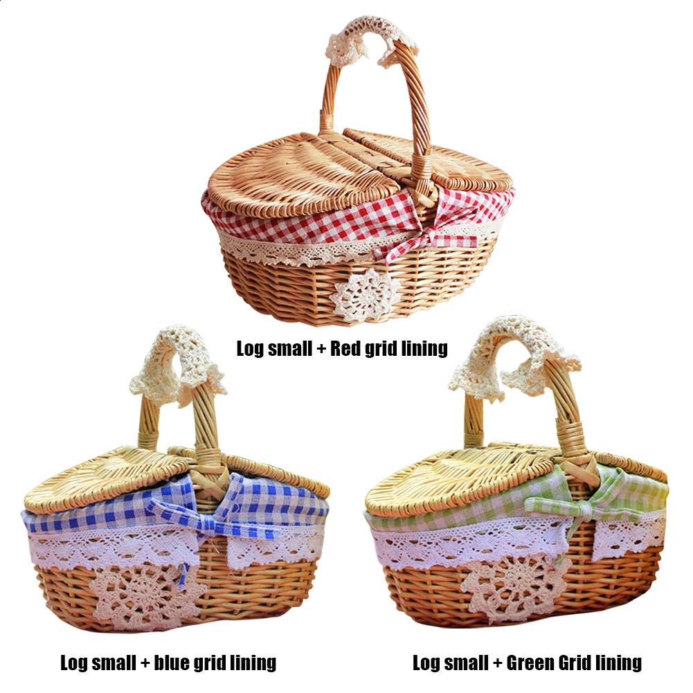 Handmade willow picnic basket woven storage with handle outdoor fruit container 240828