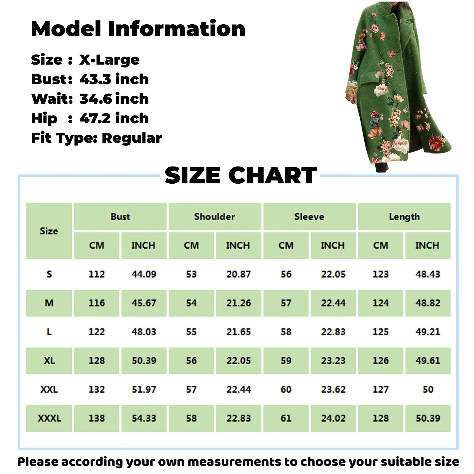 Womens wool coat fashionable casual long sleeved lapel coat retro floral print double chest coat green 240828